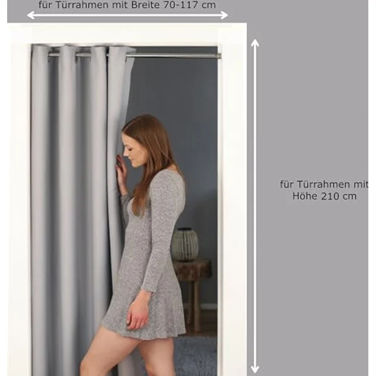 tinycurtains, Türvorhang mit Teleskopstange, einfache Montage in nur 1 Minute ohne Bohren (Türvorhang hellgrau + Stange Silber, Vorhang 210 x 150 cm (HxB); Stange 70-120 cm) – Bild 3