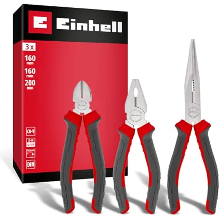 Einhell Zangen-Set 3-tlg., Seitenschneider, Kombizange, Spitzzange, Chrom-Vanadium-Stahl, ergonomische Griffe, vernickelte Oberfläche – Bild 1