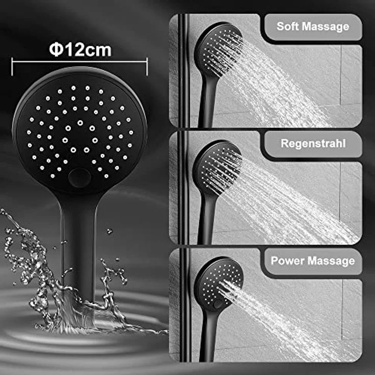 JOHO Edelstahl Duschsystem mit 20 cm Regendusche, Hochwertige Handbrause mit 3 Strahlarten, Schwarz – Bild 3