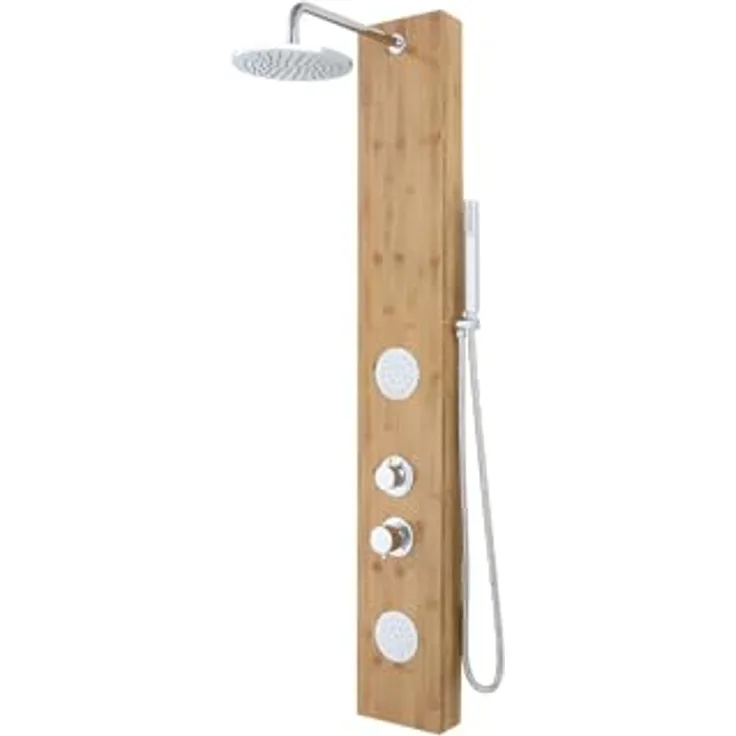 Vente-unique Duschsäule Solol, Hydromassage-Paneel aus Bambus, Kopfbrause mit Tropenregenfunktion und Handbrause, 20 x 140 cm, naturfarben