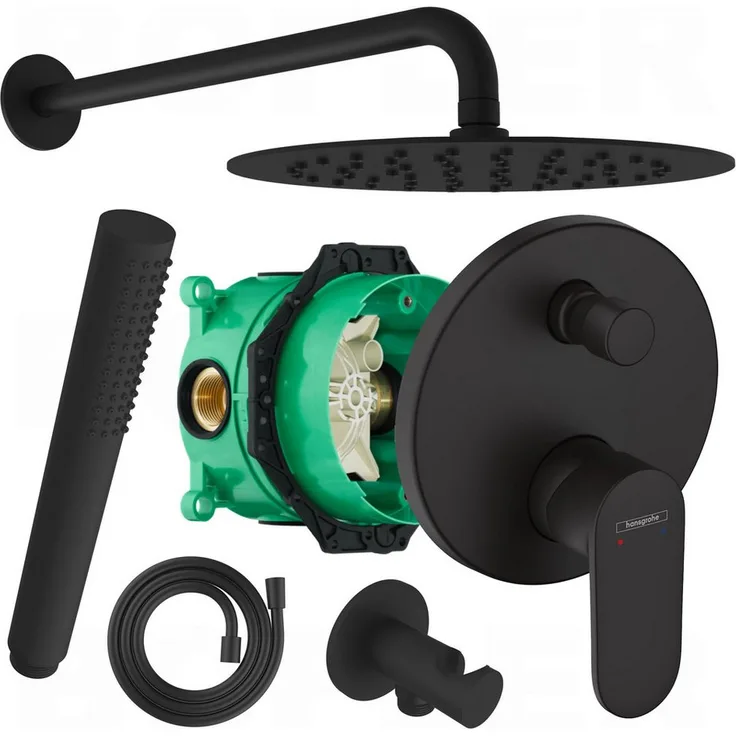 Hansgrohe Vernis Blend Unterputz Duscharmatur für 2 Verbraucher mit BOFLER Regendusche Ø20cm, matt schwarz, Antikalk-Gummidüsen, wassersparend
