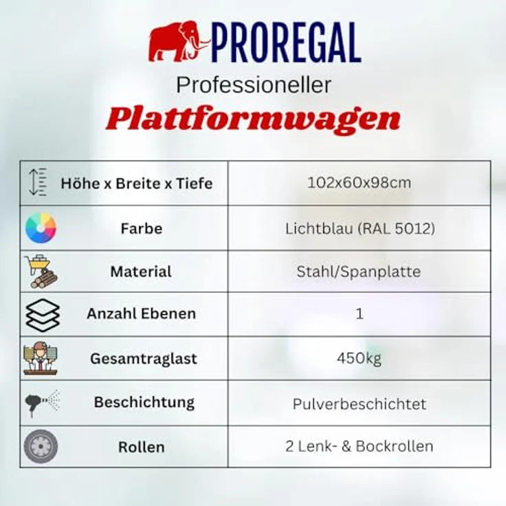 PROREGAL® Transportwagen Profi Plattformwagen, Traglast 450kg, Lichtblau, HxBxT 102x60x98cm, pulverbeschichteter Stahl, große Vollgummireifen – Bild 7