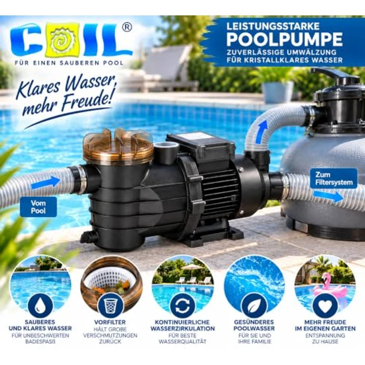 COIL Filterpumpe C0948, Umwälzpumpe mit Vorfilter, 400 W, 10000 l/h, für Pools bis 42 m³, IPX5, 230V/50 Hz – Bild 3