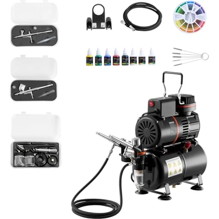 VEVOR Airbrush Set 1/6 PS mit Kompressor & Tank, Dual-Action mit 3 Düsen (0,3/0,3/0,5 mm), für Tortendekoration, Modellmalerei und Nagelkunst – Bild 1