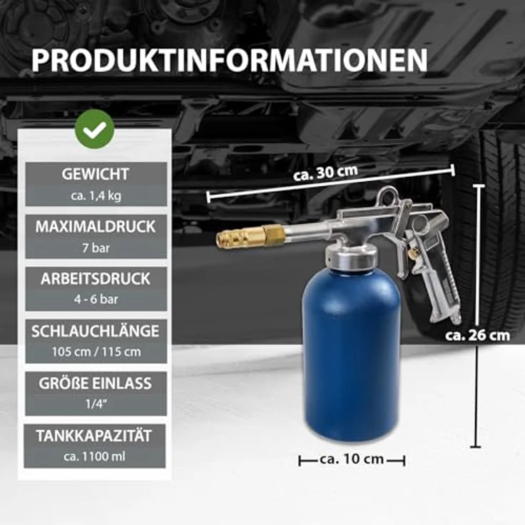 TRUTZHOLM Druckbecherpistole zur Hohlraumversiegelung, 1100 ml Tank, inkl. Runddüse, Hakendüse und Schläuche, blau – Bild 3