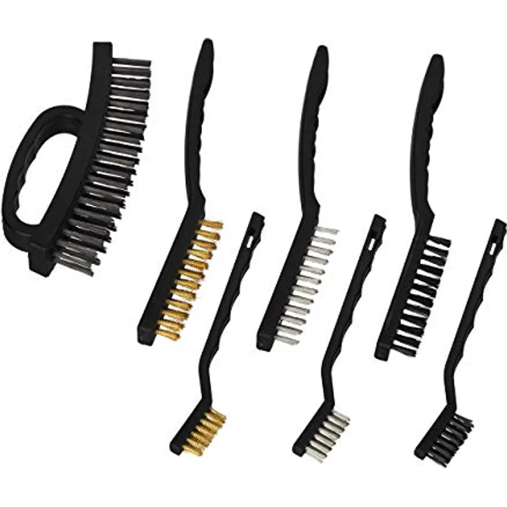 Relaxdays Drahtbürste 7-teiliges Set, je 2 Edelstahl-, Nylon- & Messingbürsten, Stahlbürste mit Griff, 3-reihig, schwarz, 7.5 x 16 x 2 cm