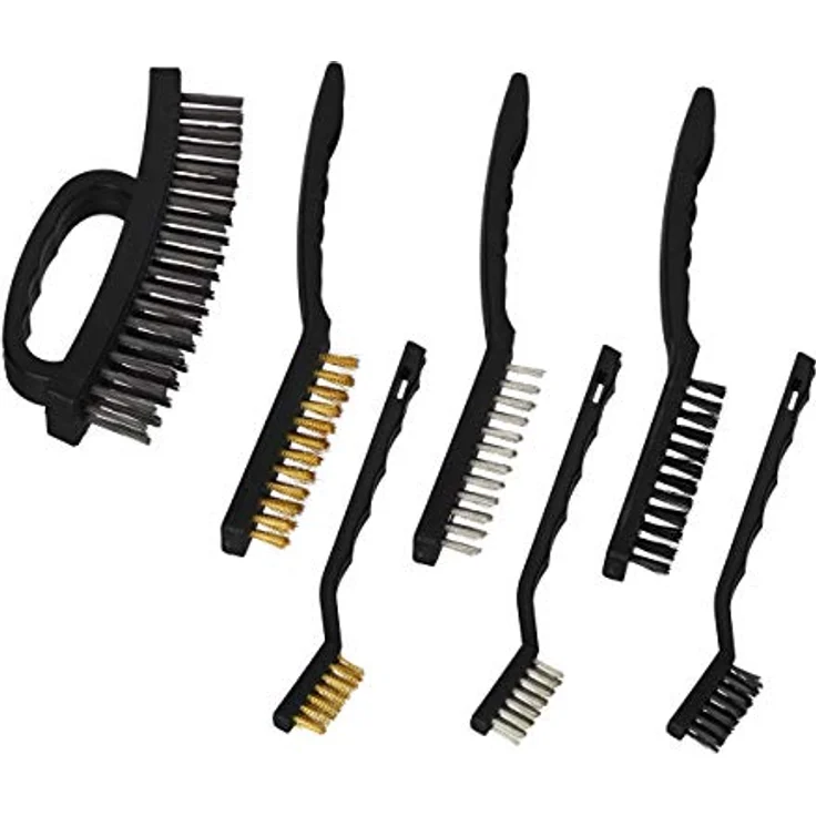Relaxdays Drahtbürste 7-teiliges Set, je 2 Edelstahl-, Nylon- & Messingbürsten, Stahlbürste mit Griff, 3-reihig, schwarz, 7.5 x 16 x 2 cm – Bild 1