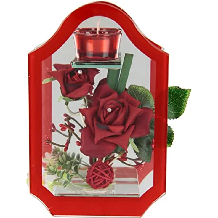 I.GE.A. Kunstblume Rose im Glas mit Teelicht, Höhe 14 cm, dekorative Kunstpflanze aus Polyester – Bild 2