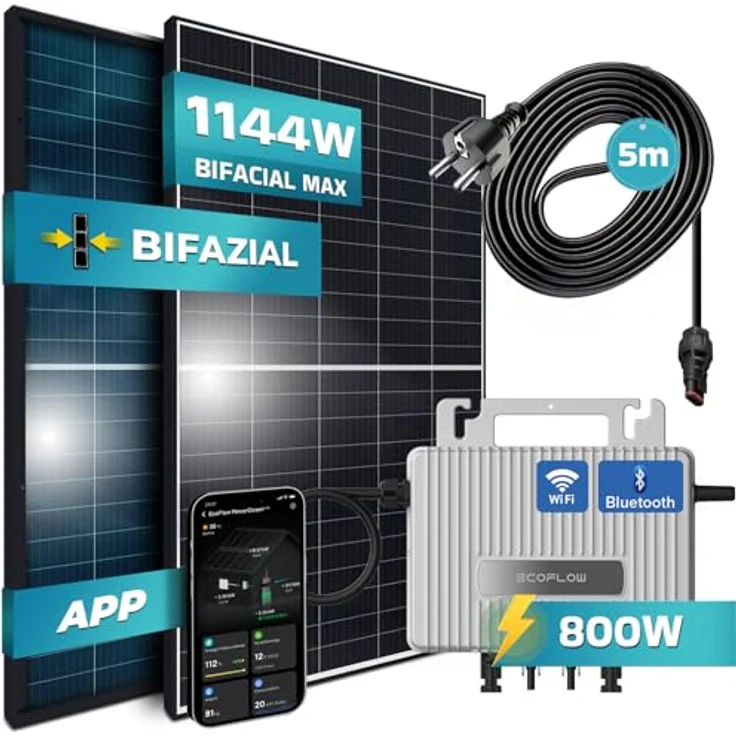 SUNNIVA® 1144W Balkonkraftwerk 800W komplett Steckdose - Eco Flow 800W Wechselrichter - PV Solaranlage Komplettset - 2x 440W BIFAZIAL, BLACK Frame, Single Glas Solarmodule - inkl. 5m Kabel - Bluetooth, Solarmodule mit hoher Effizienz und jährlichen Einsparungen – Bild 2