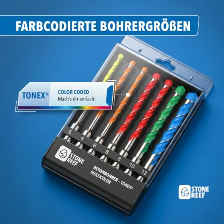 STONE REEF SDS Plus Bohrer Set 7 tlg, farbcodiert 5-12 mm, für Beton, Mauerwerk und Stein, inkl. Aufbewahrungsbox – Bild 3