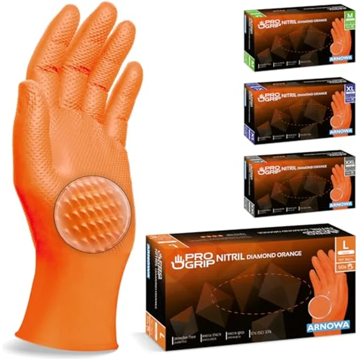 ARNOMED PROGRIP Einweghandschuhe Diamant Grip, Nitrilhandschuhe Extra Stark, orange, Gr. L, 500 Stück (10x50 Stk), Chemikalienbeständig, Rutschfest – Bild 1