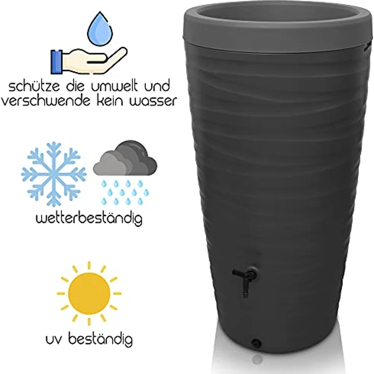 YourCasa Regentonne 240 Liter [Wave Design] Frostsicher aus Kunststoff - Regenwassertonne mit Wasserhahn (Anthrazit) – Bild 3
