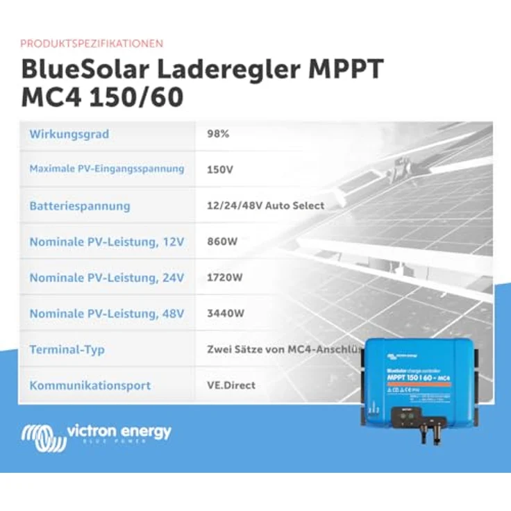 Victron Energy BlueSolar MPPT MC4 150V 60 Amp 12/24/36/48-Volt Solar Laderegler, Batteriespannung: 12/24/48V, Bluetooth-Funktion – Bild 3