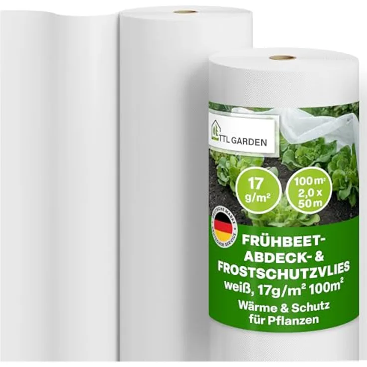 TTL GARDEN Frühbeetvlies 17g/m², 100m², 2m x 50m, weiß - Atmungsaktives Frostschutzvlies für Hochbeete und Beete, UV-beständig und reißfest, Schutz vor Frost und Schädlingen