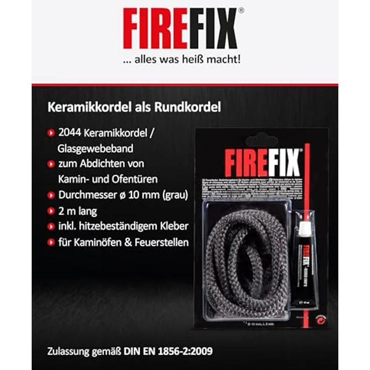 FIREFIX Ofendichtschnur 2044, Keramikkordel ø 10mm, grau, 2m mit hitzebeständigem Kleber bis 1100 °C für Kaminofen – Bild 2