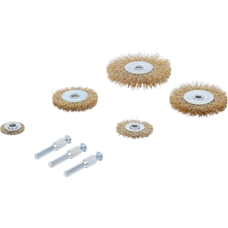 BGS Do it yourself 50908 Stahldraht-Bürsten-Satz, 8-teilig, Ø 25 - 75 mm, für Bohrmaschinenantrieb, max. 4500 U/min – Bild 1