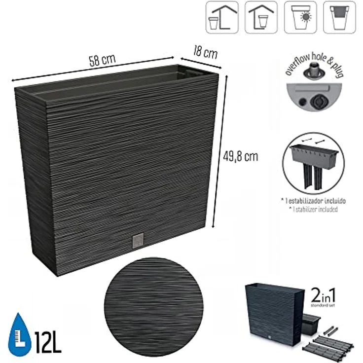 Macetero color antracita, con depósito, colección FURU, de 58 x 18 x 49,8 cm, capacidad de 12 L. – Bild 2