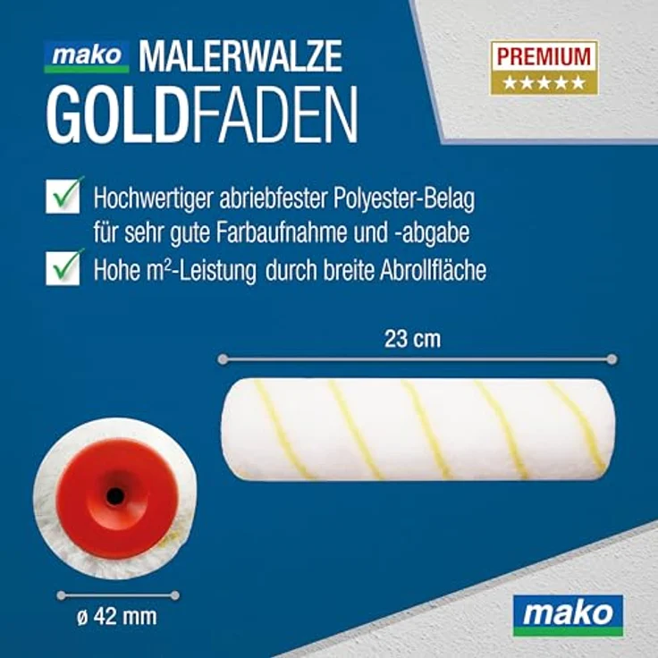 mako Farbroller EASYPAINT Premium, 4-teiliges Set mit 3 Goldfaden-Malerwalzen (23 cm), antitropf und nahezu fusselfrei, ergonomischer Rollerbügel, kompatibel mit mako EASYREACH Teleskoproller – Bild 4
