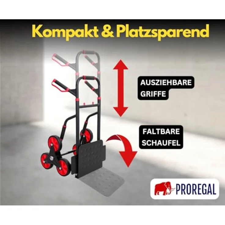 PROREGAL® Treppensackkarre TAURUS 250kg Stahlrahmen ergonomische Griffe Gummiräder, pulverbeschichtet rot/schwarz – Bild 2