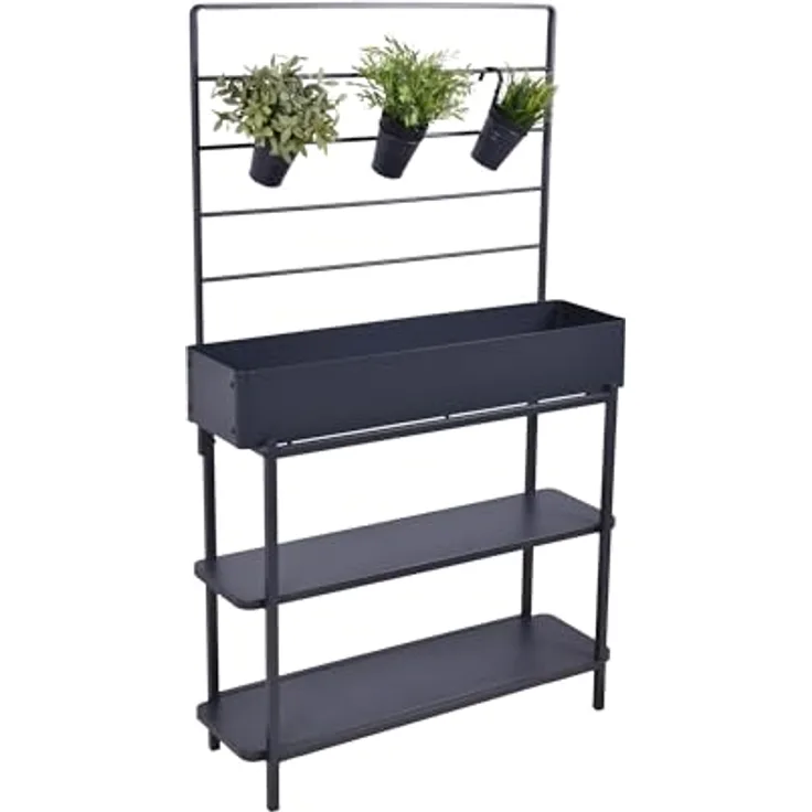 Garden Pleasure Hochbeet Gloria, Pflanzkasten aus pulverbeschichtetem Eisen in Anthrazit, mit 3 hängenden Töpfen und 2 Ablageflächen, Maße L94,5xB30xH155cm