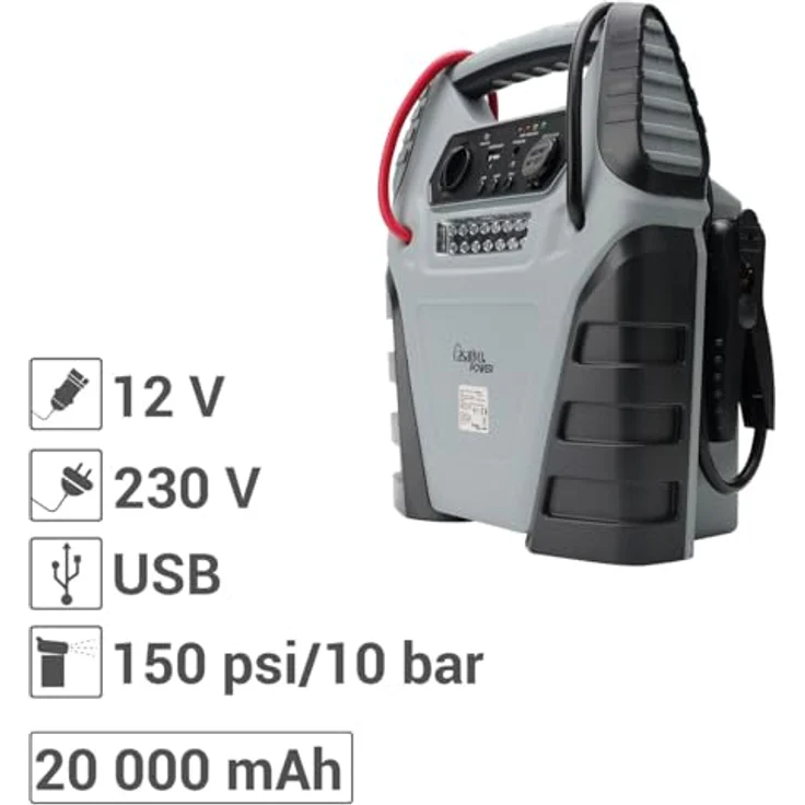 Casativo 5-in-1 Powerbank mit Starthilfe Booster & Luftkompressor, 12V, 20000 mAh, 1000A, 150 PSI, grau/schwarz für Auto, Motorrad & Outdoor – Bild 9