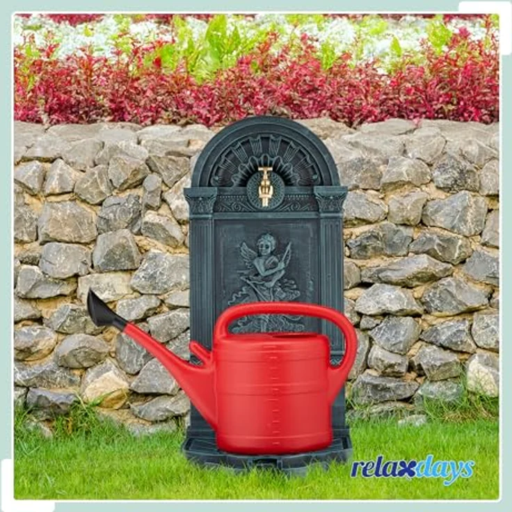 relaxdays Gartenbrunnen Standbrunnen im Engel-Design, Grau, mit Wasserhahn und Becken, nostalgisches Antik-Design – Bild 2
