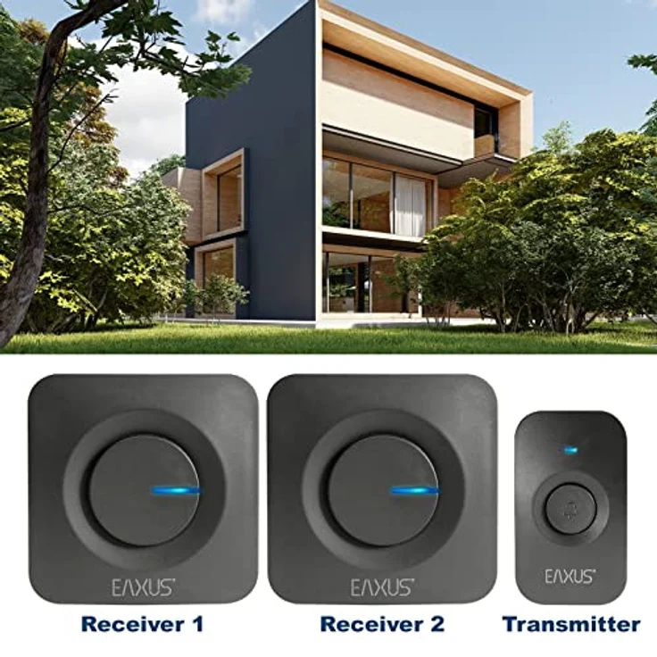 Eaxus® Funk Türklingel Kabellos mit 2 Empfängern - Funkklingel Batteriebetrieben mit 52 Melodien, LED Anzeige, IP56 Wasserdicht, Schwarz – Bild 5