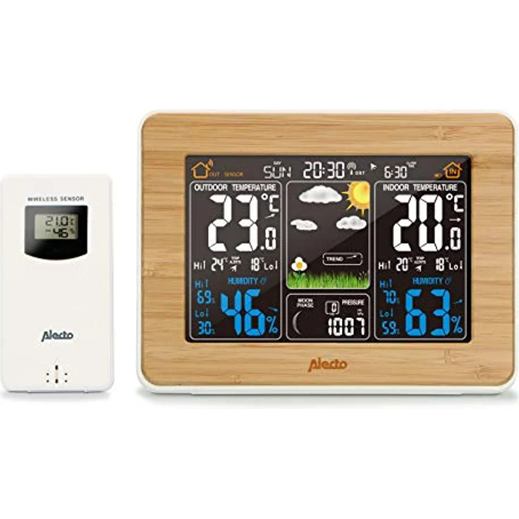 Alecto WS-1560 Wetterstation, Braun, mit drahtlosem Außensensor, animierter Wettervorhersage und Weckerfunktion – Bild 2