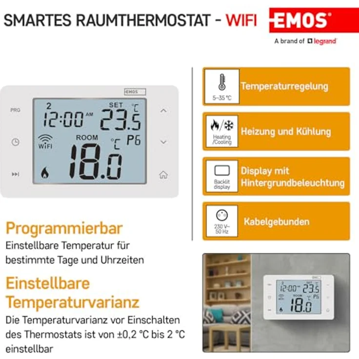 EMOS GoSmart P56201, Smart Home Raumthermostat mit App, WiFi, energiesparend, Tuya, Google Assistant und Alexa kompatibel, weiß – Bild 2