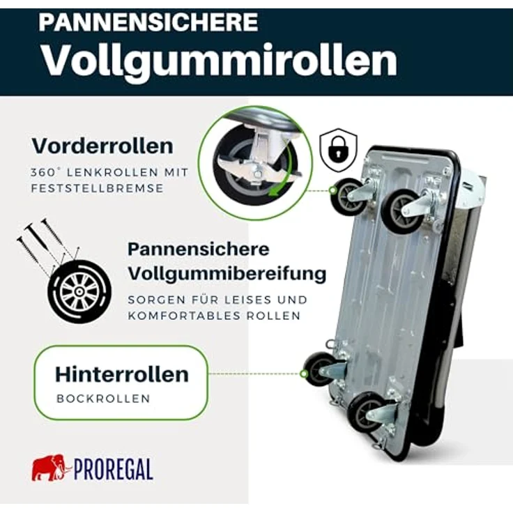 PROREGAL® Transportwagen RHINO, klappbar, 150 kg Traglast, 2x 360° Lenkrollen & 2x Bockrollen mit Feststellbremse, rutschfeste Ladefläche 61x47 cm, inkl. Werkzeugtasche – Bild 5