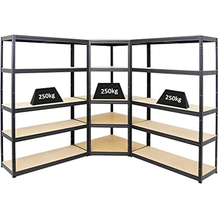 Proregal Eckregal Mega Deal + 2x Schwerlastregal Big Elephant S, 5 verstellbare Böden, Traglast 250 kg pro Boden, einfache Steckmontage, H x B x T: 180 x 90 x 219 cm – Bild 1