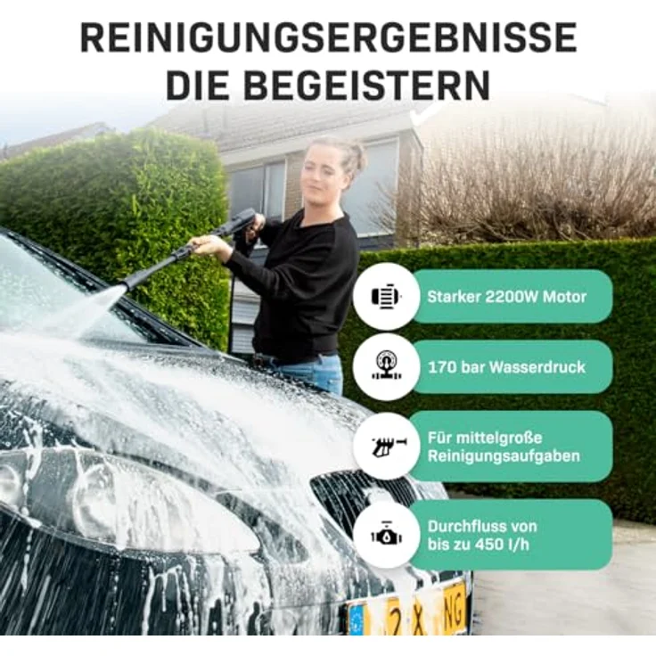 VONROC V22-2 Hochdruckreiniger, 170 bar, 2200 W, inkl. Fassadenreiniger und Dampfreiniger-Zubehör – Bild 2