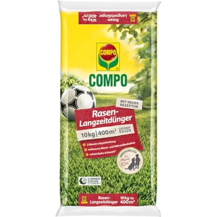 COMPO Rasendünger Premium, 10 kg für 400 m², 3 Monate Langzeitwirkung, tierfreundlich, ideal für Frühjahr und Sommer