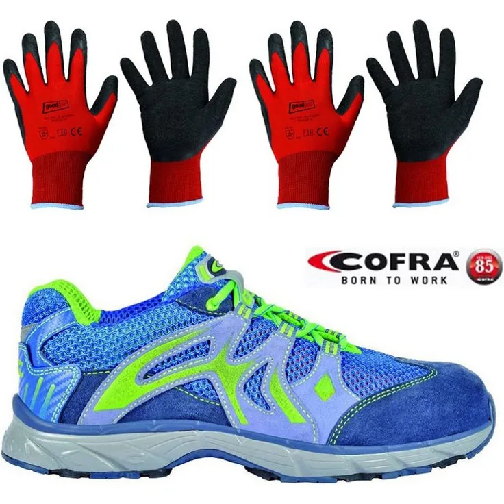 Cofra New Dogville Blue S1 P SRC Sicherheitsschuhe mit Stahlkappe (200 J Zehenschutz) + 2 Paar Arbeitshandschuhe, Größe 39-47 EU