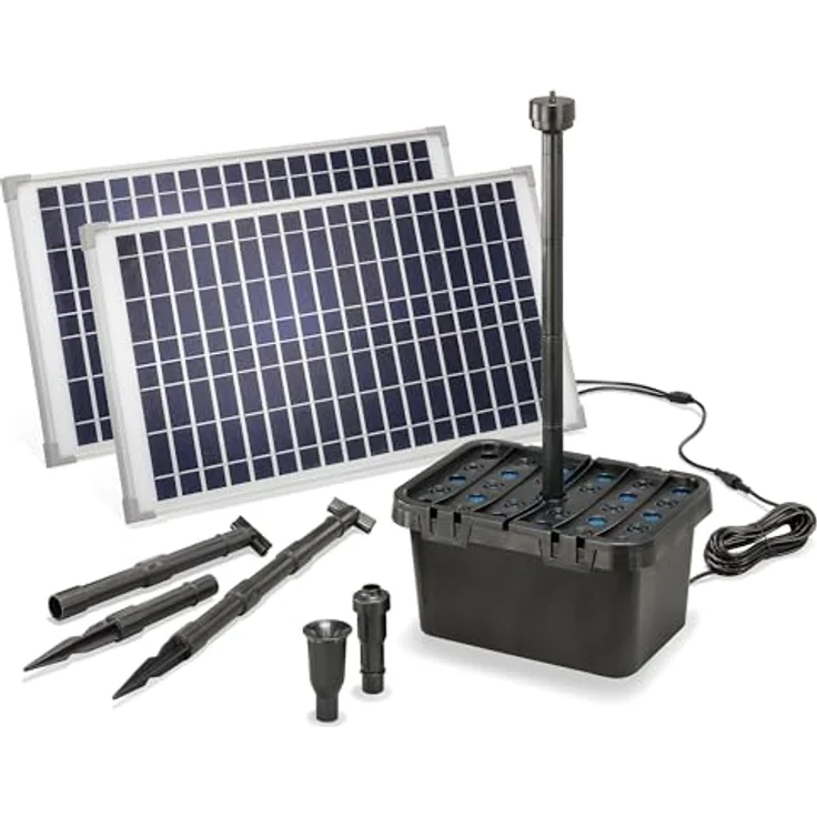 Esotec Solar Teichfilter 50/1700, Unterwasserfilter-Set mit 1700 l/h Teichpumpe, 2x25Wp Solarmodule, für Gartenteiche bis 5000 l, inkl. Springbrunnen 100904 – Bild 1