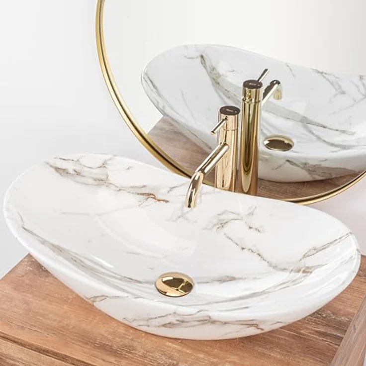 wohnwerk.idee Aufsatzwaschbecken Waschbecken Royal Lava Marmoroptik 60,5x36cm - Einzigartiges Muster aus hochwertigem Keramik in Natursteinoptik – Bild 5