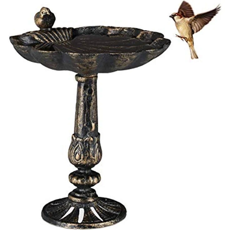 Relaxdays Vogeltränke Gusseisen, Gartendeko antikes Design, Vogelfutterstelle stehend, Wasserschale f. Wildvögel, bronze, 24.5 x 22 x 18 cm – Bild 1