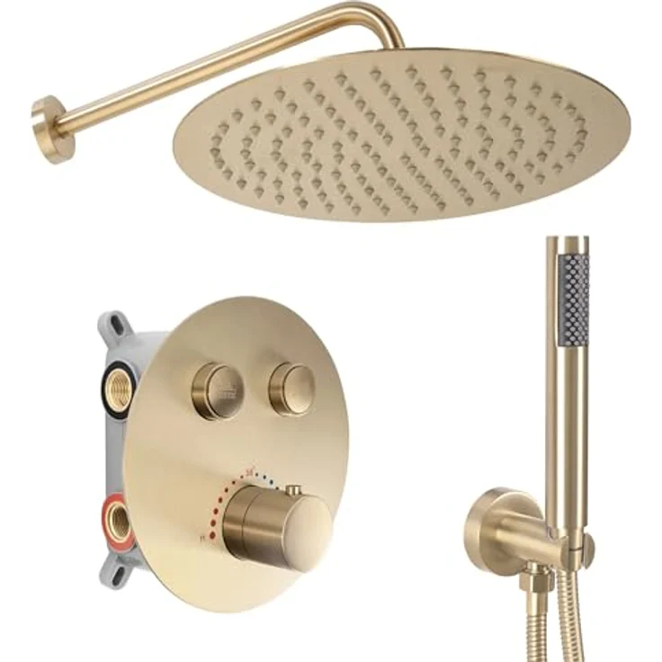 wohnwerk.idee Duschsystem Miler, Unterputz Dusche mit Thermostat und Regendusche, Gold Matt Poliert – Bild 1