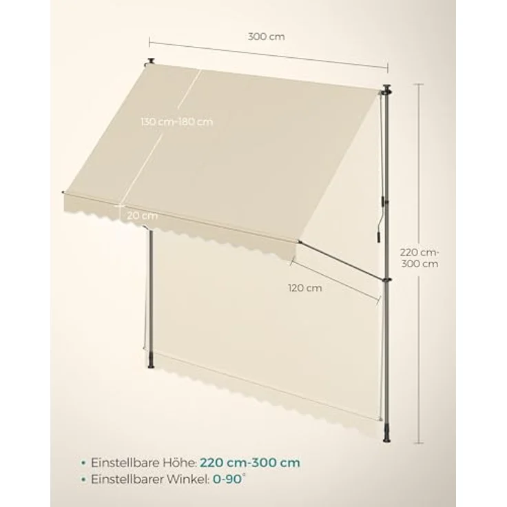 SONGMICS Klemmmarkise, höhenverstellbar, mit Handkurbel, Sonnenschutz, 300 x 120 cm, beige – Bild 5