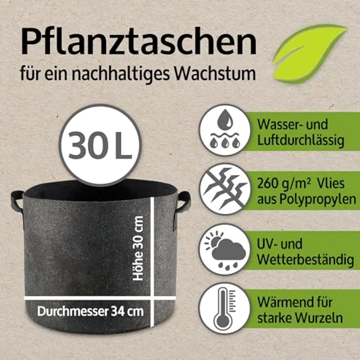 Zooprinz Pflanzkübel Pflanzsack Pflanztaschen 6er Set, 30L und 60L, 260 g/m² Vliesstoff, UV- und witterungsbeständig, mit Wasserabfluss-System – Bild 2