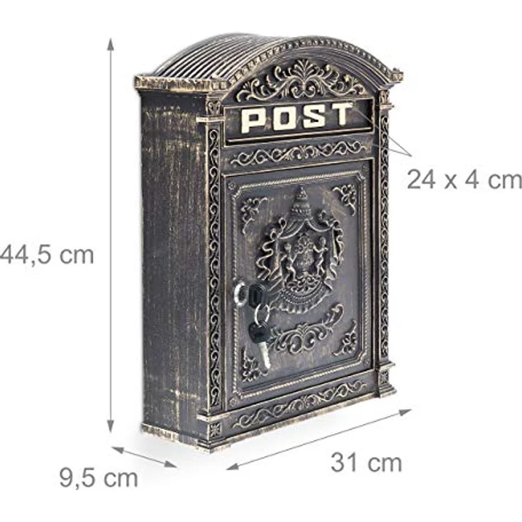 Relaxdays Briefkasten Antik Englischer Wandbriefkasten aus Aluguss mit breitem Briefschlitz für DIN A4 Umschläge HBT: 44,5 x 31 x 9,5 cm nostalgischer Postkasten mit rundem Dach, bronze – Bild 5