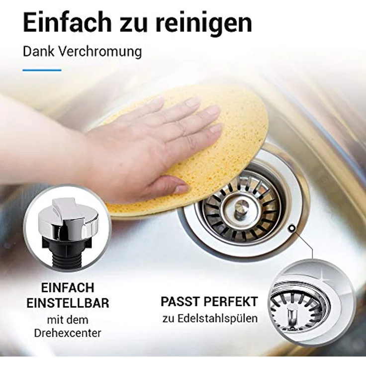 AquaDE Siebkorbventil 114 mm mit Excenterventil Raumschaffer Abtropf-Überlauf für Küchenspüle, Edelstahl und weiß – Bild 4