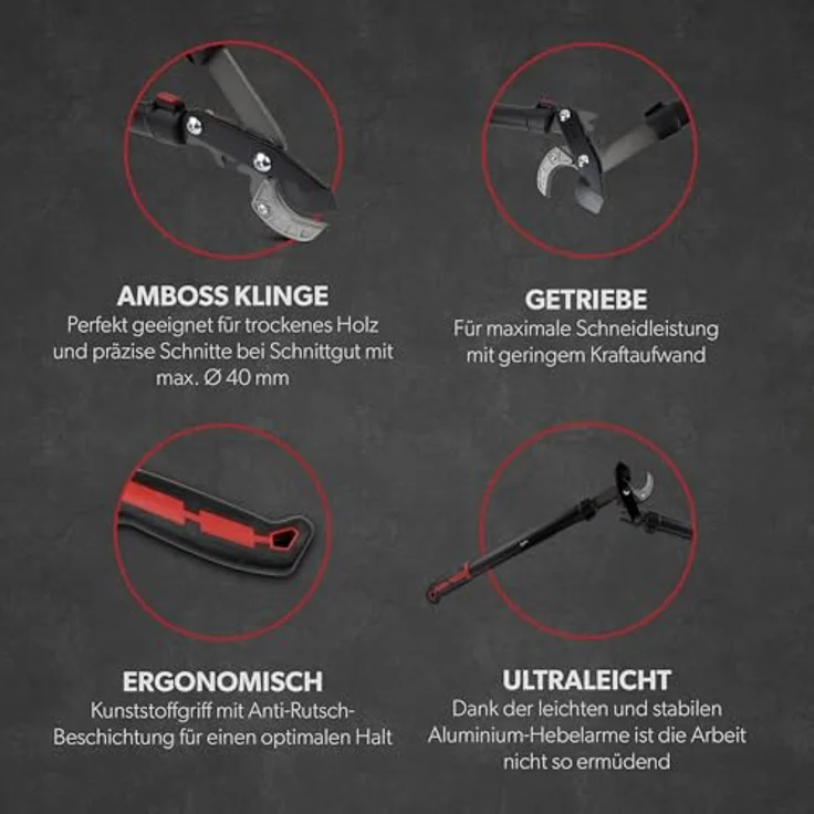 siwitec Amboss Getriebeastschere SG-22, Baumschere für frisches Holz bis zu Ø 40 mm, mit Kohlenstoffstahl Klinge, 75,5 cm, Schwarz-Rot – Bild 5