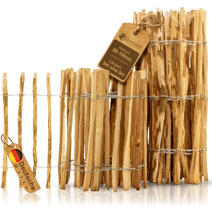 BooGardi Staketenzaun 60cm hoch, 60cm x 5m, Holz-Zaun Garten mit 7-9cm Lattenabstand, Naturbelassen, inkl. passende Tore und Pfosten