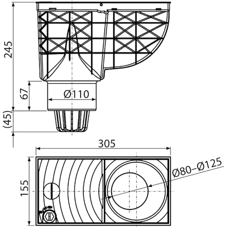 Alcaplast AGV1S, Regensinkkasten 300x155/110 in Grau, für Dachrinnenablauf, Einlauf Ø80-125mm, Ablauf DN110 mm – Bild 2