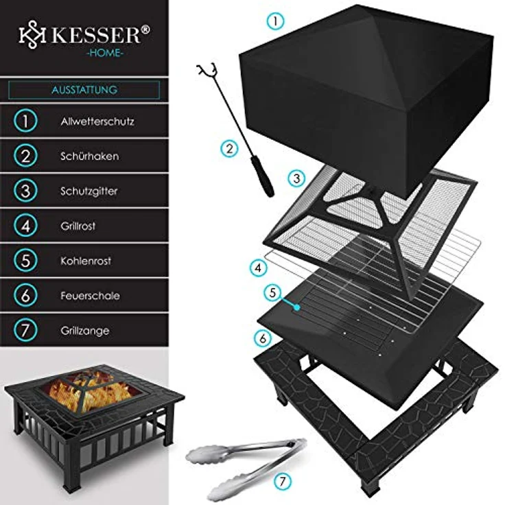 KESSER Feuerstelle mit Grillrost & Grillzange Feuerschale 82x82x50cm, 3in1 Multifunktional Fire Pit für Heizung-BBQ Grill, Garten Terrasse , Metall Feuerkorb mit Schutzhülle Schürhaken Funkenschutz Schwarz (Vierkant) - Preisvergleich – Bild 2