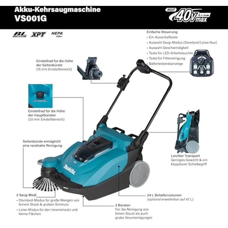 Makita Akku-Kehrsaugmaschine XGT 40V max. 65 cm, 24 l, HEPA-Filter für Innen- und Außeneinsatz, VS001GZ – Bild 2