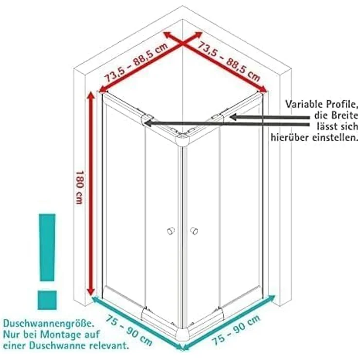 Duschkabine Sunny Eckeinstieg mit Schiebetüren, variabel von 75 - 90 cm, 180 cm, Montage auf Duschwanne oder Fliese, 4 mm Sicherheitsglas (ESG) Klar – Bild 4