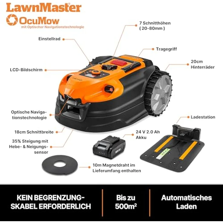 LAWNMASTER OcuMow 18, Mähroboter ohne Begrenzungskabel, optische Navigation, Hindernisvermeidung, automatische Ladestation, anpassbare Mähpläne, einstellbare Schnitthöhe – Bild 6