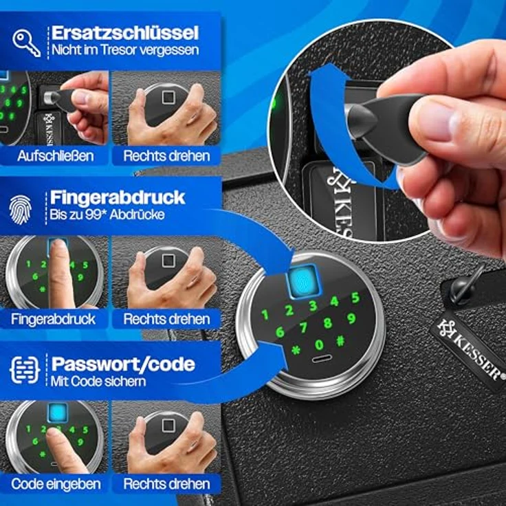 KESSER® Elektr. Tresor mit Fingerabdruck & Schlüssel M, 3x Doppelbolzenverriegelung, Notfallakku, Alarmfunktion, schwarz – Bild 5